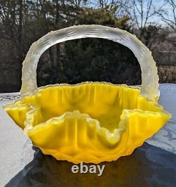 Victorian Canary Yellow Thorn Handle Diamond Quilted Crested Art Glass Basket