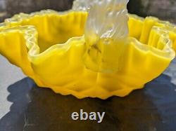Victorian Canary Yellow Thorn Handle Diamond Quilted Crested Art Glass Basket