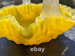 Victorian Canary Yellow Thorn Handle Diamond Quilted Crested Art Glass Basket