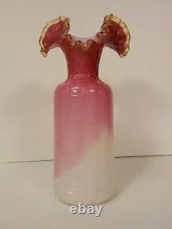 Victorian Cased Art Glass 10 Vase, Amber Rim, Drapery Pattern, c. 1900