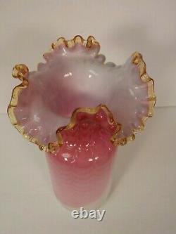 Victorian Cased Art Glass 10 Vase, Amber Rim, Drapery Pattern, c. 1900