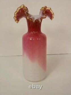 Victorian Cased Art Glass 10 Vase, Amber Rim, Drapery Pattern, c. 1900