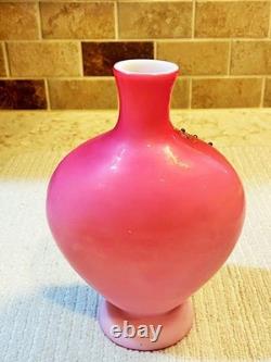 Victorian Cased PEACHBLOW Satin Glass HP Enamel Butterfly Vase 7.50 T withBeads Victorian Cased PEACHBLOW Satin Glass HP Enamel Butterfly Vase 7.50 T withBeads