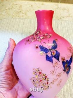 Victorian Cased PEACHBLOW Satin Glass HP Enamel Butterfly Vase 7.50 T withBeads Victorian Cased PEACHBLOW Satin Glass HP Enamel Butterfly Vase 7.50 T withBeads