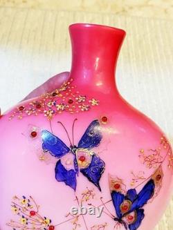 Victorian Cased PEACHBLOW Satin Glass HP Enamel Butterfly Vase 7.50 T withBeads Victorian Cased PEACHBLOW Satin Glass HP Enamel Butterfly Vase 7.50 T withBeads