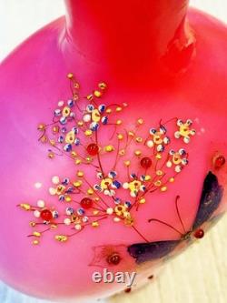 Victorian Cased PEACHBLOW Satin Glass HP Enamel Butterfly Vase 7.50 T withBeads Victorian Cased PEACHBLOW Satin Glass HP Enamel Butterfly Vase 7.50 T withBeads