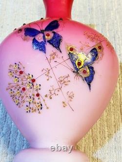 Victorian Cased PEACHBLOW Satin Glass HP Enamel Butterfly Vase 7.50 T withBeads Victorian Cased PEACHBLOW Satin Glass HP Enamel Butterfly Vase 7.50 T withBeads