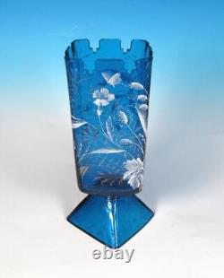 Victorian Crackle Art Glass Castle Tower Cut Vase Bohemian Stourbridge HP Enamel