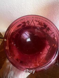 Victorian Cranberry Art Glass Enamel Floral Decorated Pair Of Vases