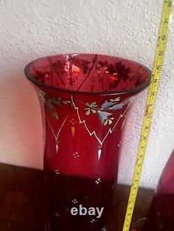 Victorian Cranberry Art Glass Enamel Floral Decorated Pair Of Vases