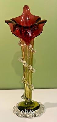 Victorian Cranberry Art Glass JACK IN THE PULPIT 12 Vase Applied Rigaree Deco