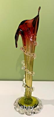 Victorian Cranberry Art Glass JACK IN THE PULPIT 12 Vase Applied Rigaree Deco