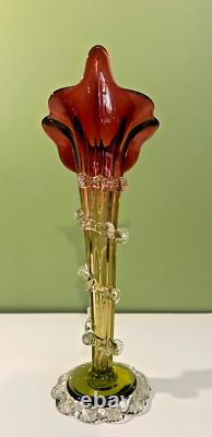 Victorian Cranberry Art Glass JACK IN THE PULPIT 12 Vase Applied Rigaree Deco