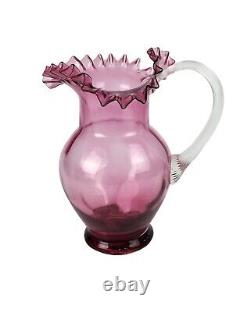 Victorian Cranberry Art Glass Pitcher Crimped Ruffled Top