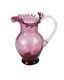 Victorian Cranberry Art Glass Pitcher Crimped Ruffled Top