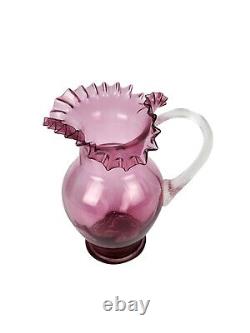 Victorian Cranberry Art Glass Pitcher Crimped Ruffled Top