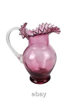 Victorian Cranberry Art Glass Pitcher Crimped Ruffled Top