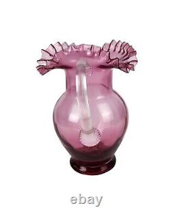 Victorian Cranberry Art Glass Pitcher Crimped Ruffled Top