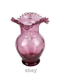 Victorian Cranberry Art Glass Pitcher Crimped Ruffled Top