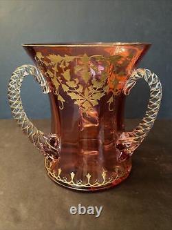 Victorian Cranberry Heavy Gold Decoration 3 Handled Art Glass Loving Cup 6 3/8