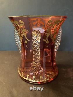 Victorian Cranberry Heavy Gold Decoration 3 Handled Art Glass Loving Cup 6 3/8