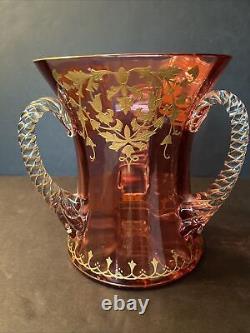 Victorian Cranberry Heavy Gold Decoration 3 Handled Art Glass Loving Cup 6 3/8