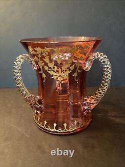 Victorian Cranberry Heavy Gold Decoration 3 Handled Art Glass Loving Cup 6 3/8