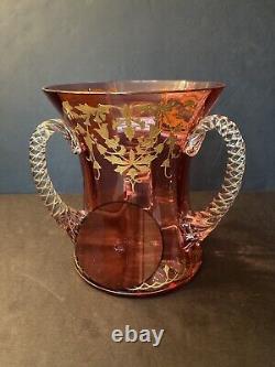 Victorian Cranberry Heavy Gold Decoration 3 Handled Art Glass Loving Cup 6 3/8