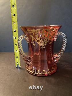 Victorian Cranberry Heavy Gold Decoration 3 Handled Art Glass Loving Cup 6 3/8