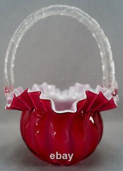 Victorian Cranberry Pink & White Cased Ruffled Edge Art Glass Bride's Basket