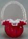 Victorian Cranberry Pink & White Cased Ruffled Edge Art Glass Bride's Basket