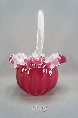 Victorian Cranberry Pink & White Cased Ruffled Edge Art Glass Bride's Basket