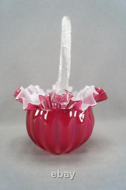 Victorian Cranberry Pink & White Cased Ruffled Edge Art Glass Bride's Basket Victorian Cranberry Pink & White Cased Ruffled Edge Art Glass Bride's Basket
