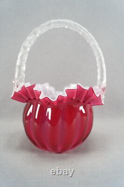 Victorian Cranberry Pink & White Cased Ruffled Edge Art Glass Bride's Basket