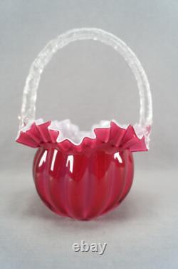 Victorian Cranberry Pink & White Cased Ruffled Edge Art Glass Bride's Basket Victorian Cranberry Pink & White Cased Ruffled Edge Art Glass Bride's Basket