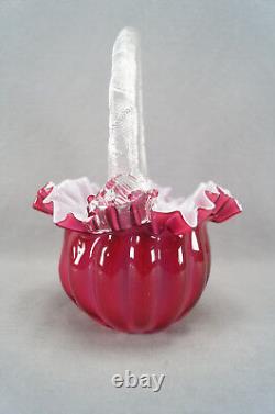 Victorian Cranberry Pink & White Cased Ruffled Edge Art Glass Bride's Basket