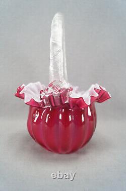 Victorian Cranberry Pink & White Cased Ruffled Edge Art Glass Bride's Basket