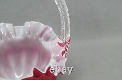 Victorian Cranberry Pink & White Cased Ruffled Edge Art Glass Bride's Basket