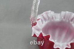 Victorian Cranberry Pink & White Cased Ruffled Edge Art Glass Bride's Basket