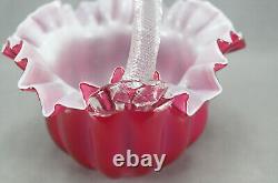 Victorian Cranberry Pink & White Cased Ruffled Edge Art Glass Bride's Basket