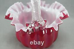 Victorian Cranberry Pink & White Cased Ruffled Edge Art Glass Bride's Basket