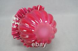 Victorian Cranberry Pink & White Cased Ruffled Edge Art Glass Bride's Basket