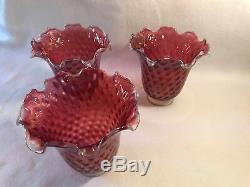 Victorian Cranberry Red Opalescent Crimped Coin Dot Glass Lamp Shades, Set Of 3