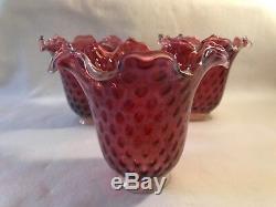 Victorian Cranberry Red Opalescent Crimped Coin Dot Glass Lamp Shades, Set Of 3