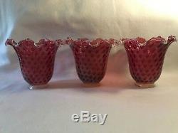 Victorian Cranberry Red Opalescent Crimped Coin Dot Glass Lamp Shades, Set Of 3