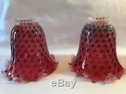 Victorian Cranberry Red Opalescent Crimped Coin Dot Glass Lamp Shades, Set Of 3