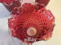 Victorian Cranberry Red Opalescent Crimped Coin Dot Glass Lamp Shades, Set Of 3