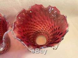 Victorian Cranberry Red Opalescent Crimped Coin Dot Glass Lamp Shades, Set Of 3