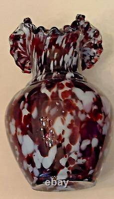 Victorian Czech Glass Red White Spatter Glass Vase 10.75 Tall EUC Harrach