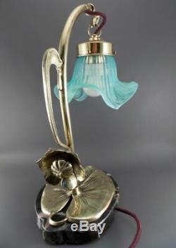 Victorian Desk Lamp with Opalescent Tulip Lamp Glass Shade Art Nouveau 1890